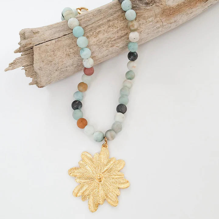 Gemstone Beaded Necklace with Flower Pendant by Virtue Jewelry Design