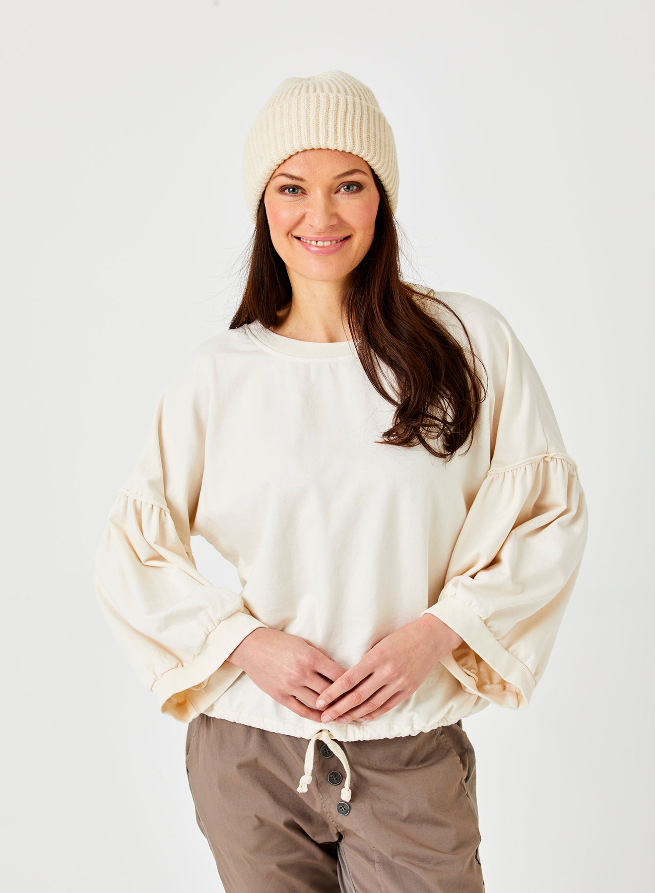 Bo Bubble Sleeve Sweat with Drawstring Hem by Suzy D London in Winter White