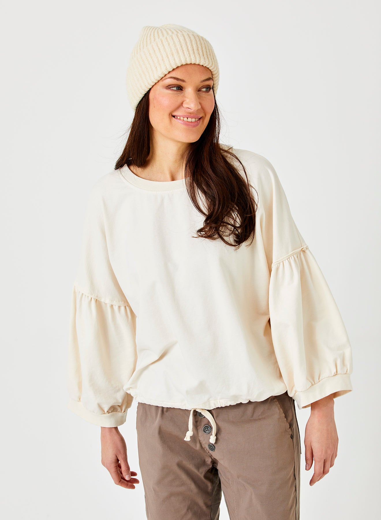 Bo Bubble Sleeve Sweat with Drawstring Hem by Suzy D London in Winter White