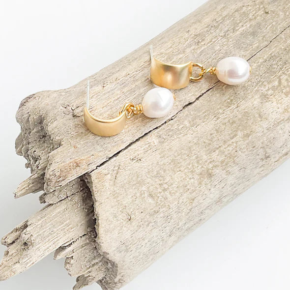 Flat Semi Circle Mini Pearl Earrings by Virtue Jewelry Design in White