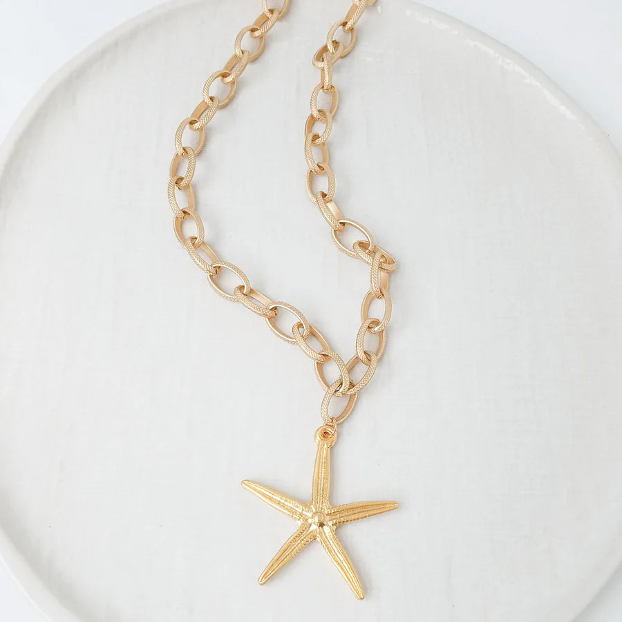Etched Chain with Star Fish by Virtue Jewelry Design in Gold