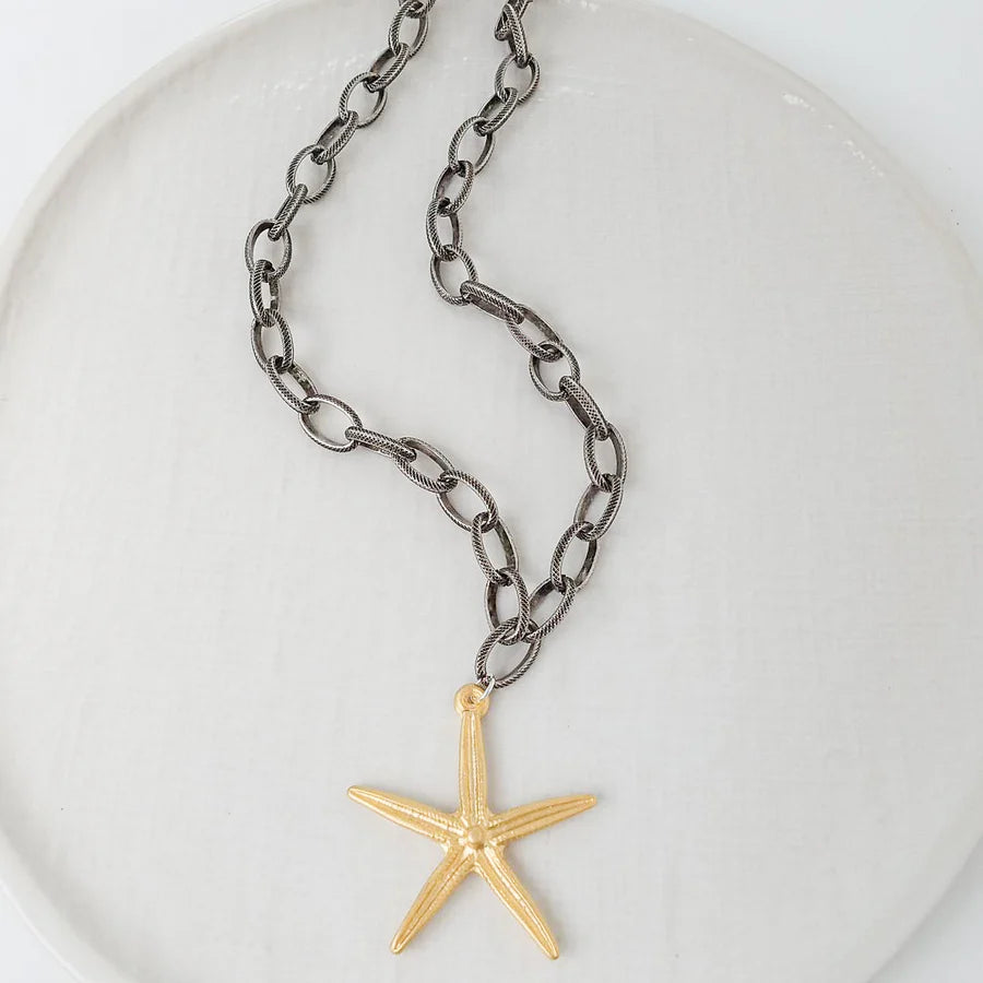Etched Chain with Star Fish by Virtue Jewelry Design in Silver and Gold
