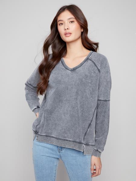 Cold Dye French Terry V-Neck Top by Charlie B in Charcoal