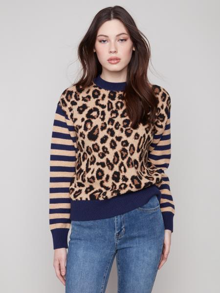 Crew Neck Sweater w/Striped Sleeves by Charlie B in Leopard