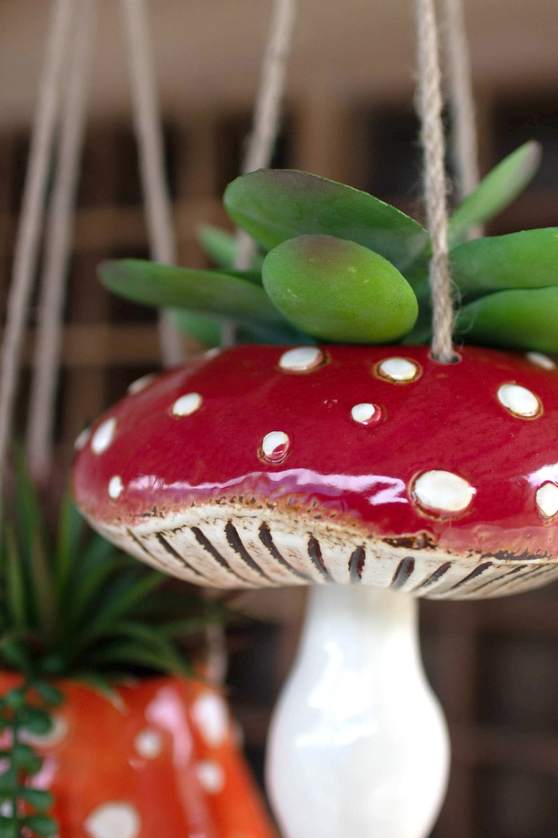 Set of 2 Ceramic Toadstool Hanging Planters by Kalalou