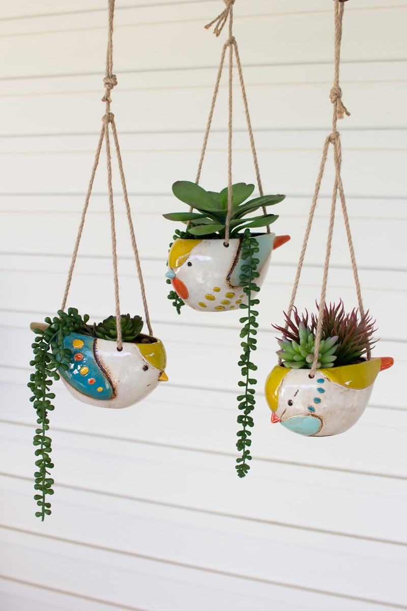 Set of 3 Ceramic Hanging Bird Planters by Kalalou