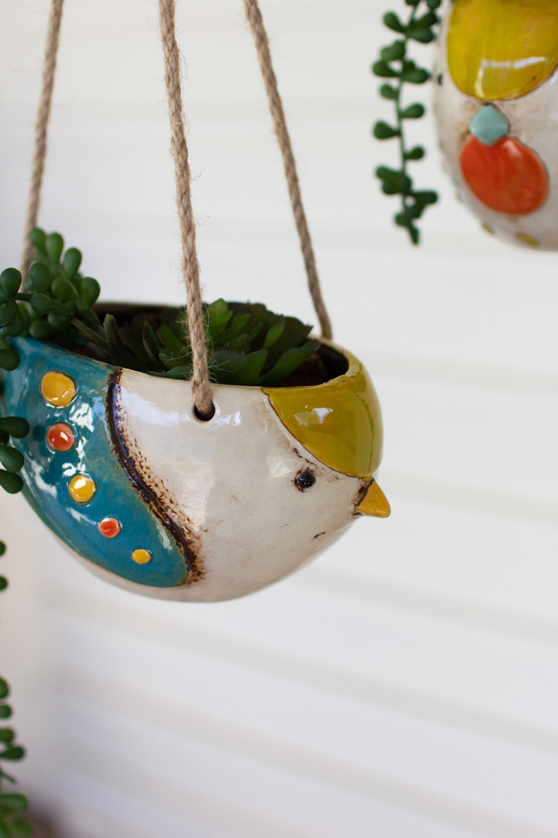 Set of 3 Ceramic Hanging Bird Planters by Kalalou